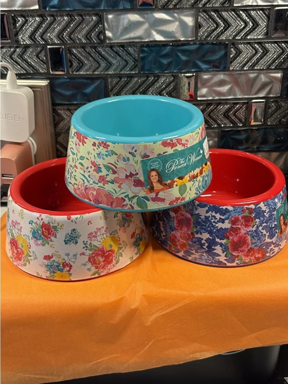 Pet Bowls Set with Floral Pattern - Multicolor